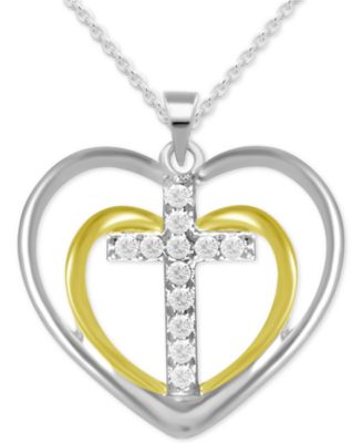 Macy's - Diamond Double Heart Cross Pendant Necklace (1/10 ct. t.w.) in Sterling Silver & 14k Gold-plated Sterling Silver