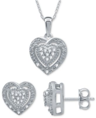 Macy's - 2-Pc. Set Diamond (1/6 ct. t.w.) Heart Cluster Pendant Necklace & Matching Stud Earrings in Sterling Silver