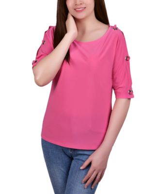 NY Collection - Petite Grommet-Trim Split-Sleeve Top