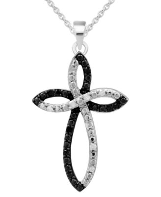 Macy's - Black & White Diamond Cross 18" Pendant Necklace (1/6 ct. t.w.) in Sterling Silver