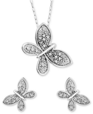 Macy's - 2-Pc. Set Diamond Butterfly Pendant Necklace & Matching Stud Earrings (1/6 ct. t.w.) in Sterling Silver