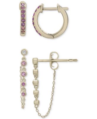 Macy's - 2-Pc. Set Amethyst (1/4 ct. t.w.) Hoop & Pink Amethyst (1/10 ct. t.w.) & Lab-Created White Sapphire (1/20 ct. t.w.) Drop Earrings in 14k Gold-Plated Sterling Silver