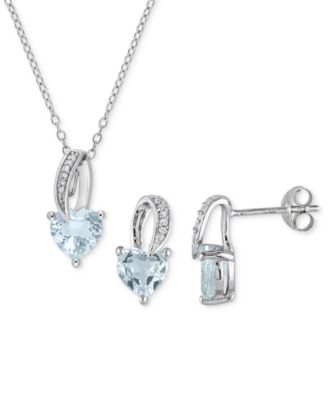 Macy's - 2-Pc. Set Aquamarine (2-3/8 ct. t.w.) & Diamond (1/20 ct. t.w.) Heart Pendant Necklace & Matching Stud Earrings in Sterling Silver