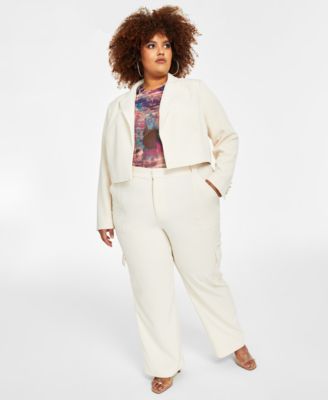Nina Parker - Trendy Plus Size Cropped Blazer, Printed Mesh Top & Cargo Pants