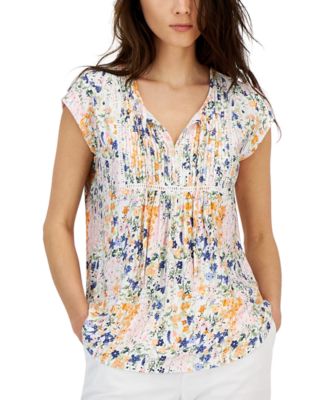 Tommy Hilfiger - Women's Printed Pintuck Ladder-Trim T-Shirt