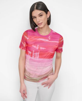 DKNY - Women's Printed Mesh Crewneck Ruched Top