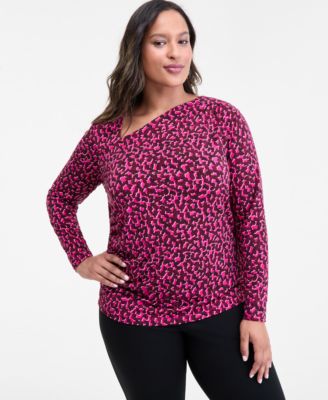 I.N.C. International Concepts - Plus Size Printed Asymmetric-Neck Top