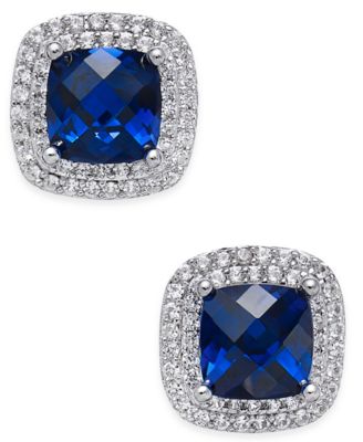 Macy's - Lab-Created Sapphire (2-1/6 ct. t.w.) and White Sapphire (1/3 ct. t.w.) Square Stud Earrings in Sterling Silver