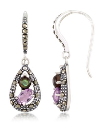 Macy's - Marcasite, Amethyst ( 9/10 ct. t.w.) and Abalone (1-9/10 ct. t.w.)  Teardrop Wire  Earrings in Sterling Silver