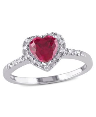 Macy's - Created Ruby (1 ct. t.w.) and Diamond (1/10 ct. t.w.) Heart Halo Ring in Sterling Silver