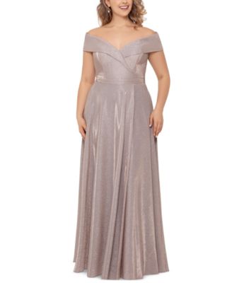 XSCAPE - Plus Size Off-the-Shoulder Glitter Gown