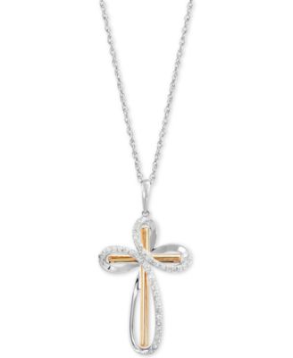 Macy's - Diamond Cross 18" Pendant Necklace (1/5 ct. t.w.) in Sterling Silver & 10k Gold