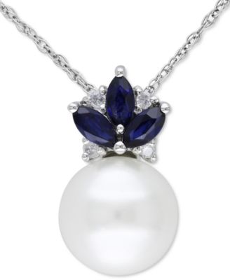 Macy's - Cultured Freshwater Pearl (8-1/2mm), Sapphire (1/3 ct. t.w.) & Diamond Accent 17" Pendant Necklace in Sterling Silver