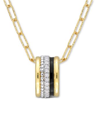 Macy's - Lab-Created White Sapphire (4/5 ct. t.w.) & Black Enamel Paperclip Link 18" Pendant Necklace in Sterling Silver & Yellow-Plated Sterling Silver