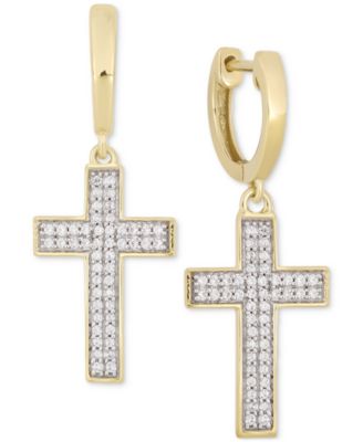 Macy's - Men's Diamond Cross Dangle Huggie Hoop Earrings (1/4 ct. t.w.) in 10k Gold