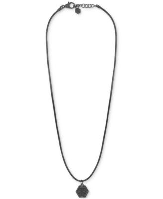 Philipp Plein - Gunmetal IP Stainless Steel Logo Leather Pendant Necklace, 17-3/4" + 1-3/5"