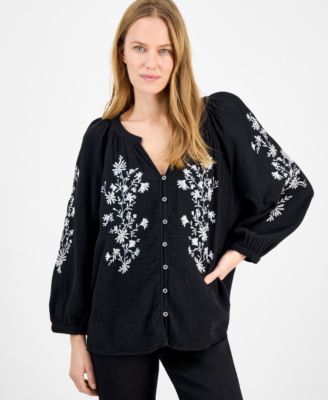 Style & Co - Women's Milano Cotton Gauze Embroidered Top