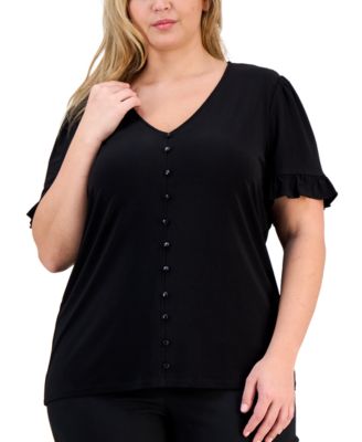 AK Anne Klein - Plus Size Button-Front Flutter-Sleeve Top