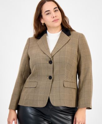 Kasper - Plus Size Plaid Elbow-Patch Two-Button Jacket