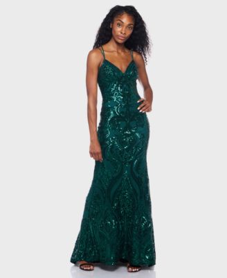 B Darlin - Juniors' Sequin-Pattern Lace-Up V-Neck Gown