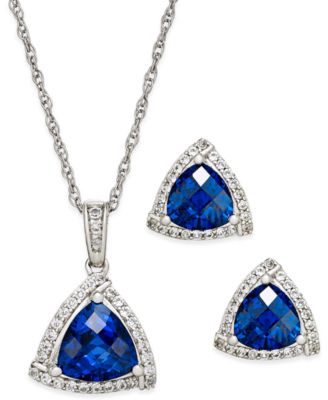 Macy's - Lab-Created Blue Sapphire (3 ct. t.w.) and White Sapphire (1/3 ct. t.w.) Pendant Necklace and Matching Stud Earrings in Sterling Silver