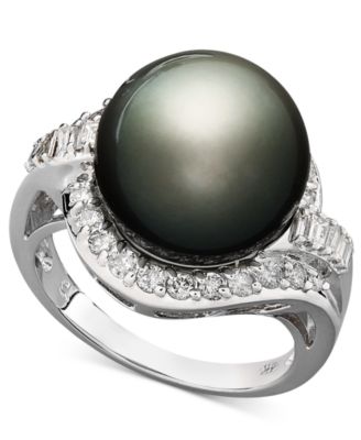 Macy's - 14k White Gold Ring, Cultured Tahitian Pearl (12mm) and Diamond (5/8 ct. t.w.) Ring