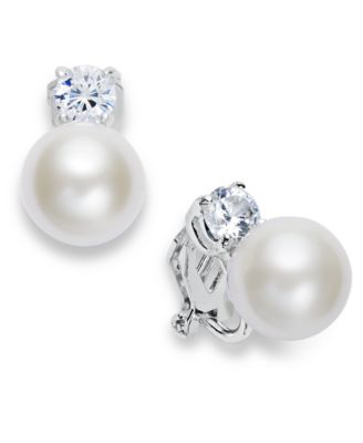 Lauren Ralph Lauren - Silver-Tone Glass Pearl and Crystal Clip On Earrings