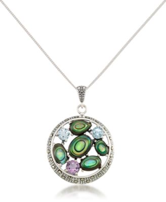Macy's - Marcasite, Amethyst (3/8 ct. t.w.), Abalone (5-1/3 ct. t.w.) and Blue topaz (5/8 ct.t.w.) Round Pendant + 18" Chain in Sterling Silver