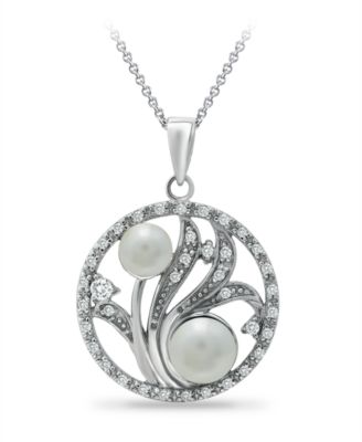 Macy's - 6mm Multi White Imitation Pearls and Cubic Zirconia Floral Medallion Pendant on 18" Chain, Crafted in Fine Silver Plate