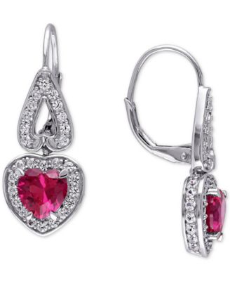 Macy's - Lab-Created Ruby (3-1/5 ct. t.w.) & Lab-Created White Sapphire (1-3/4 ct. t.w.) Heart Drop Earrings in Sterling Silver