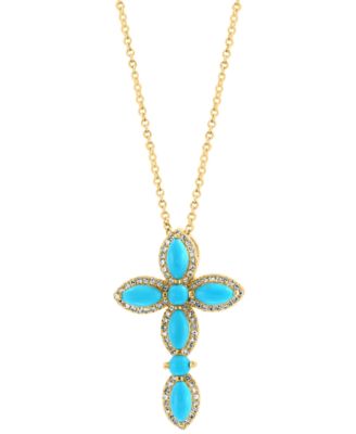EFFY Collection - Turquoise & Diamond (1/5 ct. tw.) Cross 18" Pendant Necklace in 14k Gold