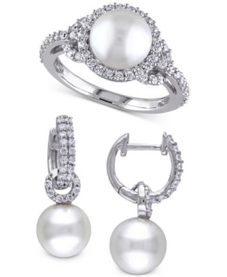 Macy's - 2-Pc. Set Cultured Freshwater Pearl (8-9mm) & Cubic Zirconia Dangle Hoop Earrings & Halo Ring in Sterling Silver