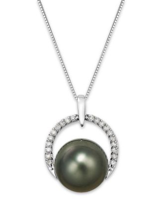 Macy's - Tahitian Pearl (12 mm) and Diamond (1/5 ct. t.w.) Arch Pendant Necklace in 14k White Gold