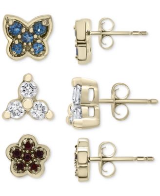 Macy's - 3-Pc. Set London Blue Topaz (1/3 ct. t.w.), Lab-Created White Sapphire (1/3 ct. t.w.) & Garnet (1/4 ct. t.w.) Stud Earrings in 14k Gold-Plated Sterling Silver