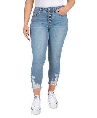 Indigo Rein - Juniors' Mid Rise Button Fly Distressed Cropped Jeans