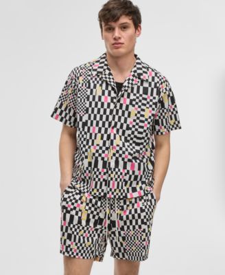 Mode of One - Men's Mixed Check Relaxed-Fit Printed Button-Down Camp Shirt