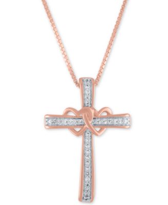 Macy's - Diamond Heart and Cross 18" Pendant Necklace (1/10 ct. t.w.) in 14k Rose Gold-Plated Sterling Silver