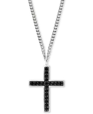 EFFY Collection - Men's Black Spinel Cross 22" Cross Pendant Necklace in Sterling Silver