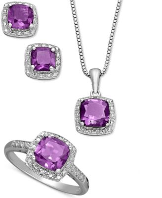 Macy's - Sterling Silver Jewelry Set, Cushion Cut Amethyst Pendant, Earrings and Ring Set (4-1/3 ct. t.w.)