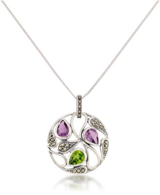 Macy's - Marcasite and Amethyst ( 1-3/4 ct. tw.) and Peridot (2-5/8 ct. t.w.) Paisley Round Pendant +18" Chain in Sterling Silver