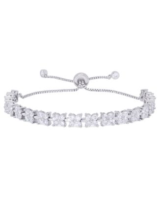 Macy's - Cubic Zirconia Linked Flowers Adjustable Bolo Bracelet in Fine Silver Plate