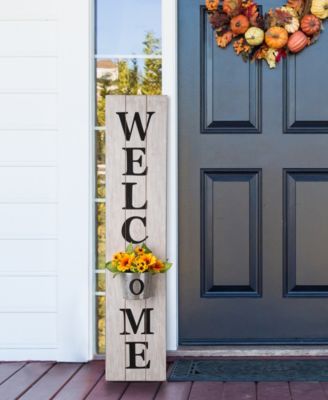 Glitzhome - 42"H Wooden White WELCOME Porch Sign with Metal Planter