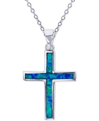 Macy's - Lab-Created Blue Opal Cross 18" Pendant Necklace in Sterling Silver