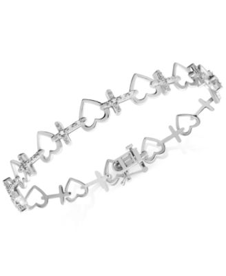 Macy's - Diamond Heart & Cross Link Bracelet (1/6 ct. t.w.) in Sterling Silver