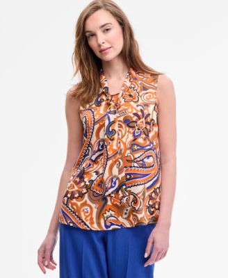 Tahari ASL - Petite Printed Bow-Neck Sleeveless Blouse