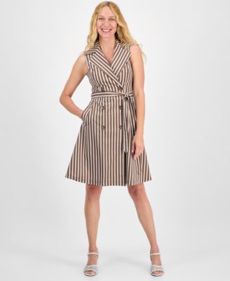 Robbie Bee - Women's Striped Belted Sleeveless Fit & Flare Dress