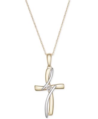 Macy's - Diamond Accent Cross Pendant Necklace in 10k Yellow and White Gold