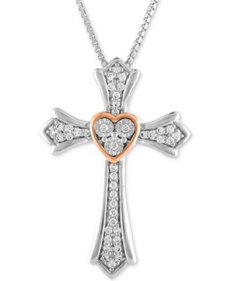 Macy's - Diamond Cross Pendant Necklace (1/10 ct. t.w.) in Sterling Silver & 14k Rose Gold