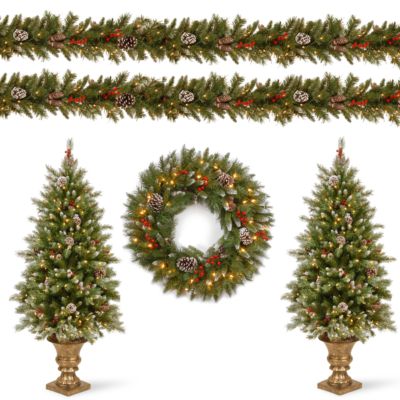 National Tree Company - Frosted Berry Assortment-  2x 4' Entrance Trees with  Clear Lights + 24" Wreath with Warm White Battery Operated Lights w/Timer + 2 x 9'x10" Garland with Clear Light
