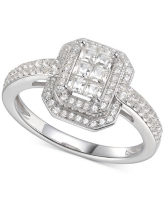 Macy's - Cubic Zirconia Square Cluster Double Halo Ring Sterling Silver (